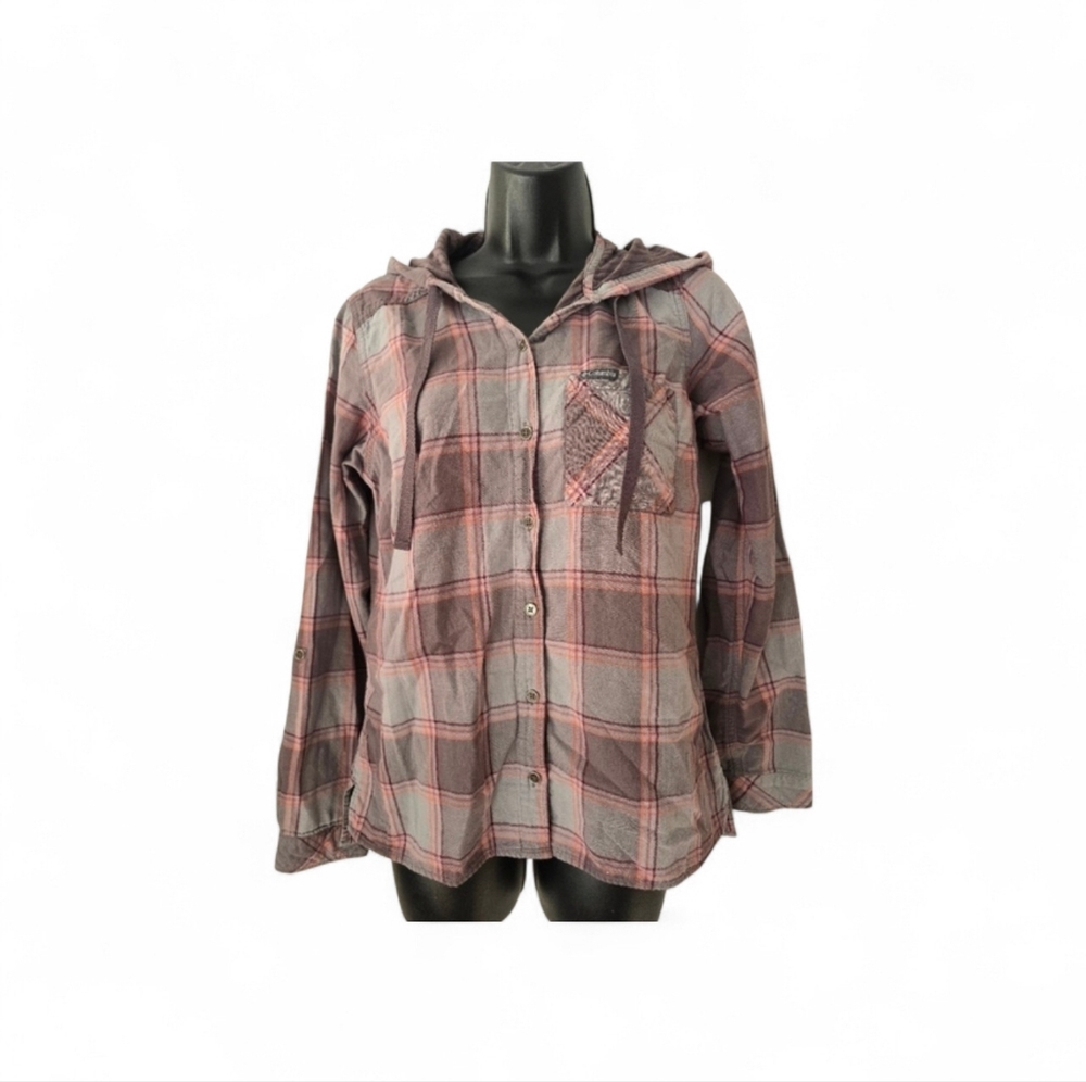Columbia Women's Plaid Utility Hooded Shirt - Gray and Pink Size Small Cotton